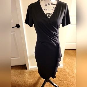 Black V-Neck Ruffle Wrap Bodycon Dress Above Knee Length for Women